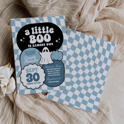 Blue Retro Checker Little Boo Baby Shower Invitation