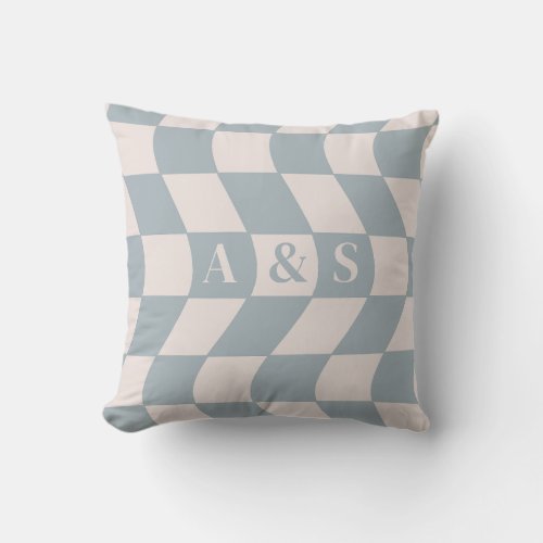 Blue Retro Checkerboard Pattern Monograms Throw Pillow