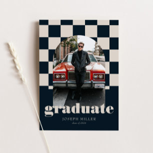 Blue Retro Checkered Arch Vintage Photo Graduation Invitation