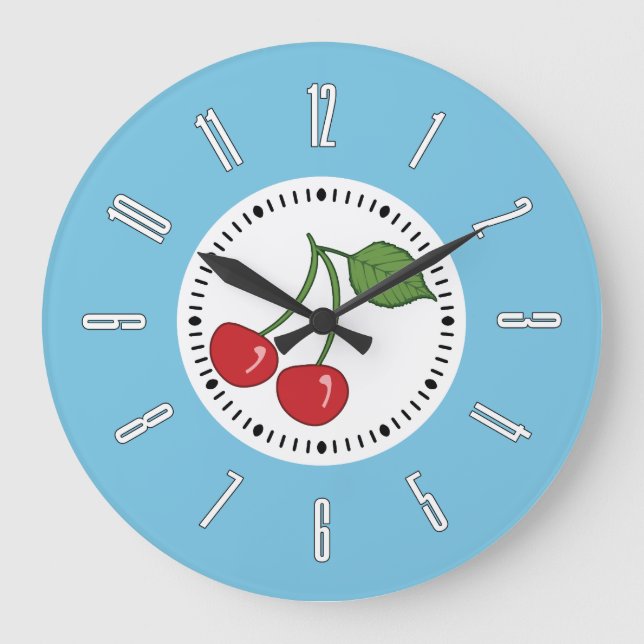 Blue Retro Cherry Large Clock (Front)
