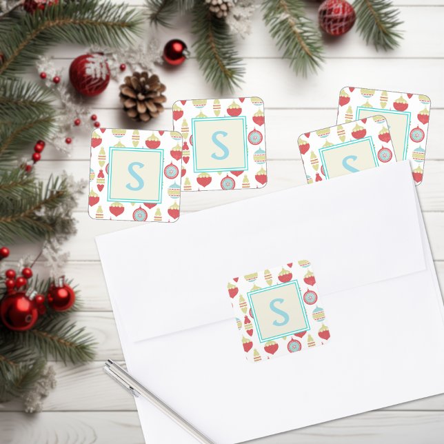 Blue Retro Christmas Ornament Monogram Square Sticker (Creator Uploaded)