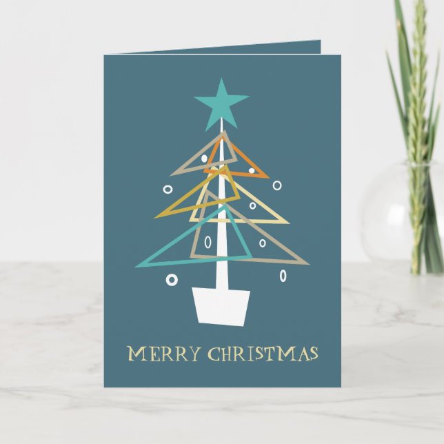 Blue Retro Christmas Tree Mid Century Modern Holiday Card (Front)