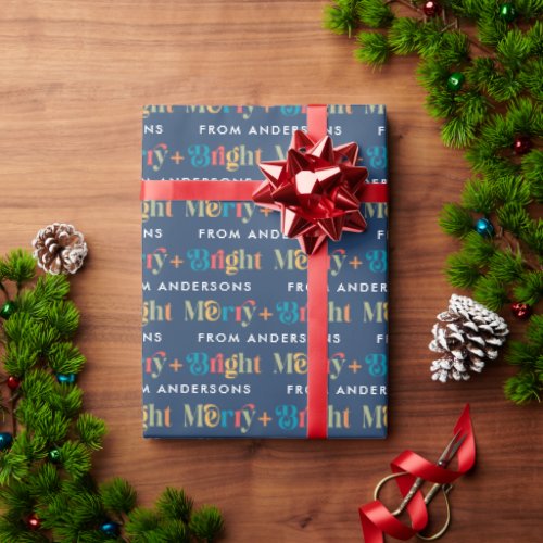 Blue Retro Colorful Merry  Bright Name Christmas Wrapping Paper