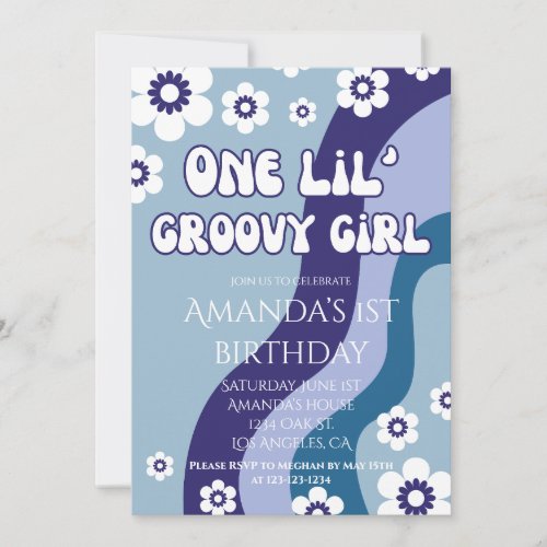 Blue Retro Daisy 1st Birthday Party Girls Hippie Invitation