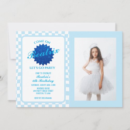 Blue Retro Doll Photo Birthday Invitation