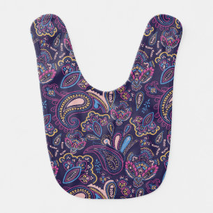 Blue retro ethnic vintage paisley floral pattern baby bib