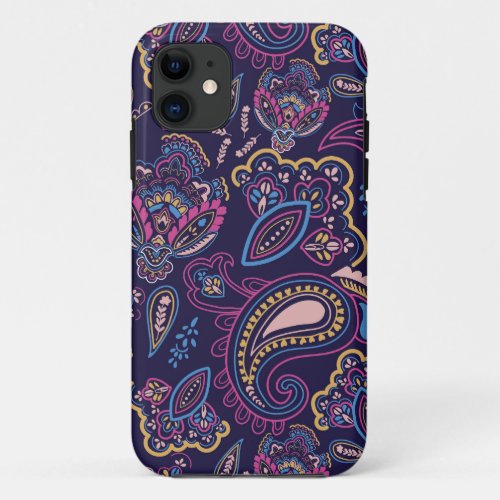 Blue retro ethnic vintage paisley floral pattern iPhone 11 case