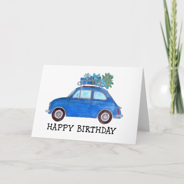 Blue Retro Fiat 500 Birthday Card (Front)