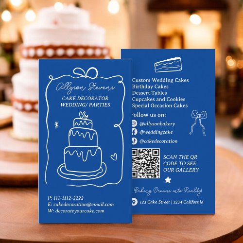 Blue Retro French Scribble cake decorator qr code Business Card