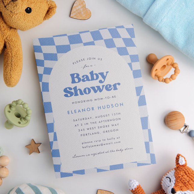 Blue Retro Groovy 70s Checkerboard Baby Shower Invitation (Baby shower invitation with blue checkerboard pattern and groovy, retro, 70s theme)