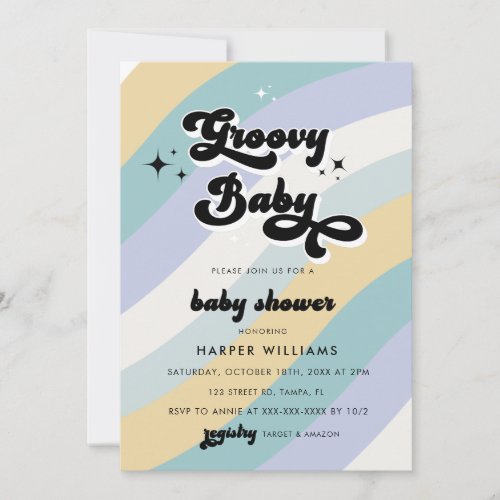 Blue Retro Groovy Baby Shower  Invitation