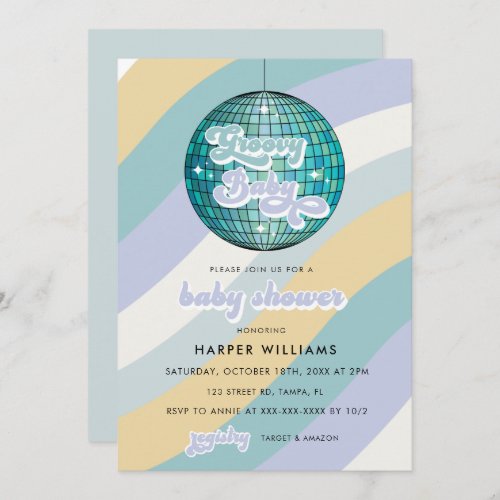 Blue Retro Groovy Baby Shower   Invitation