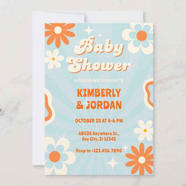 Blue retro groovy baby shower invitation (Front)