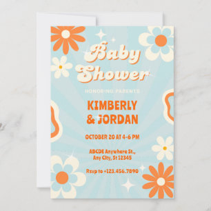 Blue retro groovy baby shower invitation