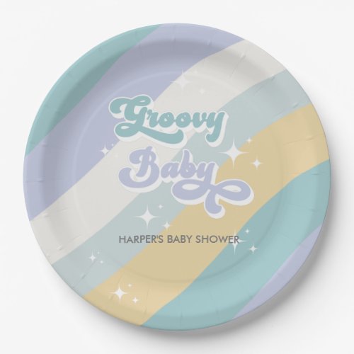 Blue Retro Groovy Baby Shower Paper Plates