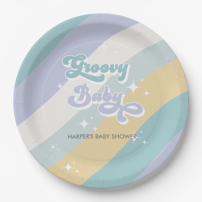 Blue Retro Groovy Baby Shower Paper Plates (Front)