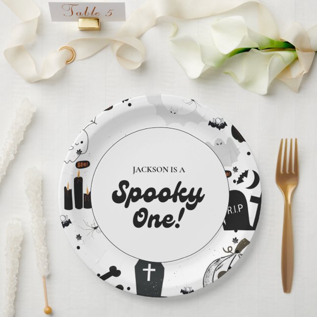 Blue Retro Grooy Spooky One Halloween 1st Birthday Paper Plates (Wedding)