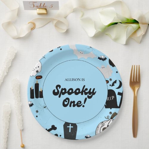 Blue Retro Grooy Spooky One Halloween 1st Birthday Paper Plates