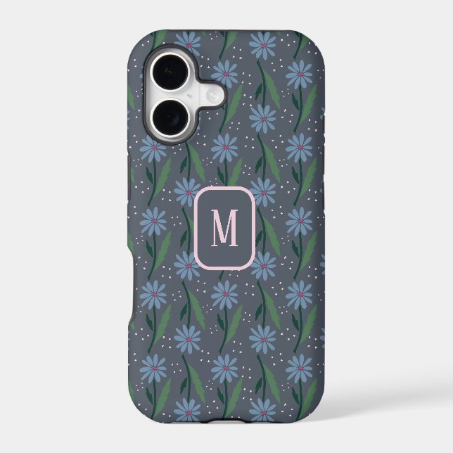 Blue Retro Hand-Drawn Daisy Monogram Case-Mate iPhone Case (Back)