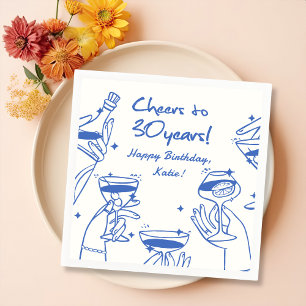 Blue Retro Handdraw Funky Cocktail Birthday Paper Dinner Napkins