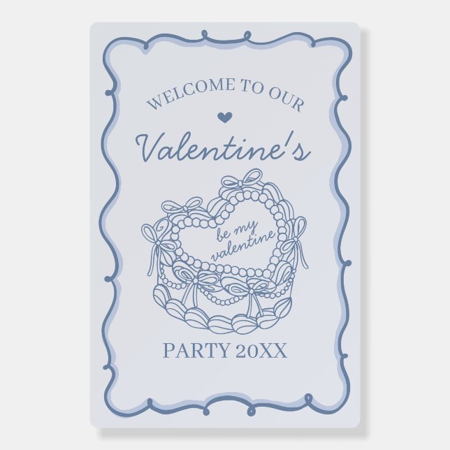 Blue Retro Heart Coquette Cake Valentines Welcome Foam Board (Front)
