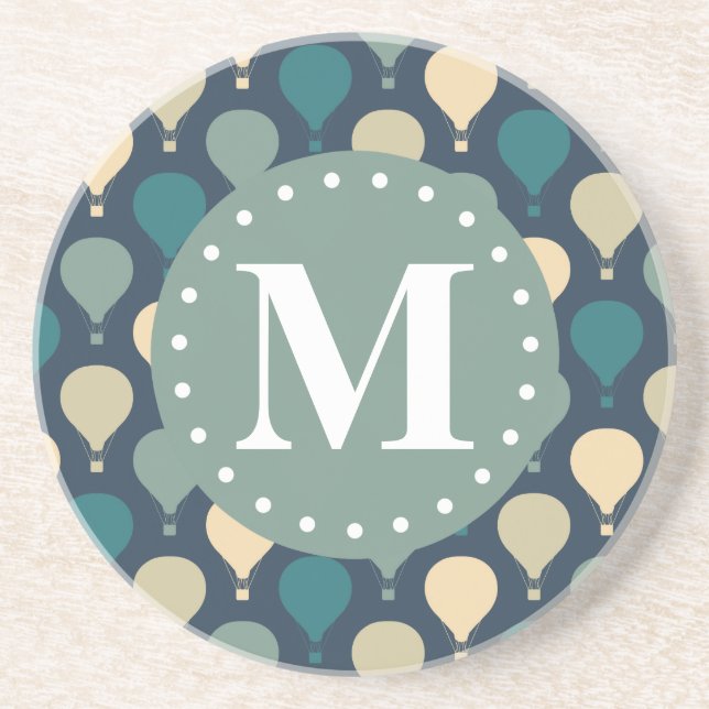 Blue Retro Hot Air Balloon Pattern Monogram Sandstone Coaster (Front)