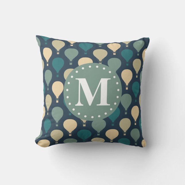 Blue Retro Hot Air Balloon Pattern Monogram Throw Pillow (Front)