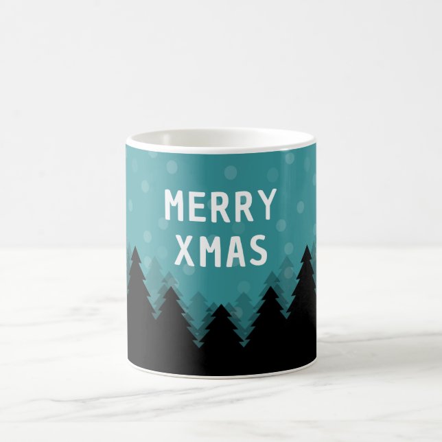 Blue retro Merry Xmas with pine trees and snow Coffee Mug (Center)