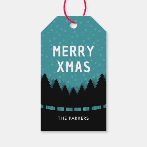 Blue retro Merry Xmas with pine trees and snow Gift Tags