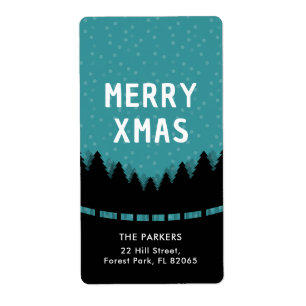 Blue retro Merry Xmas with pine trees and snow Label