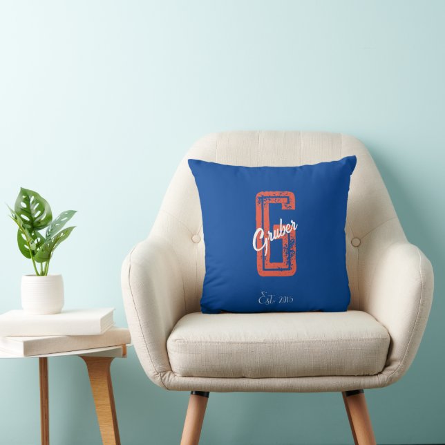 Blue Retro Minimalist Modern Monogram Name  Throw Pillow (Chair)