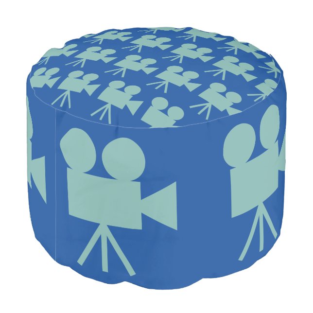 BLUE RETRO MOVIE CAMERA ICON PATTERN POUF (Angled Back)
