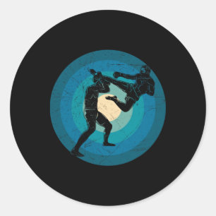 Blue Retro Muay Thai - Nak Muay, Kickboxing Gift Classic Round Sticker