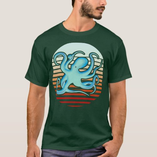 Blue Retro Octopus Graphic Design T_Shirt