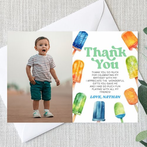 Blue Retro Popsicle Custom Picture Birthday Party Thank You Card