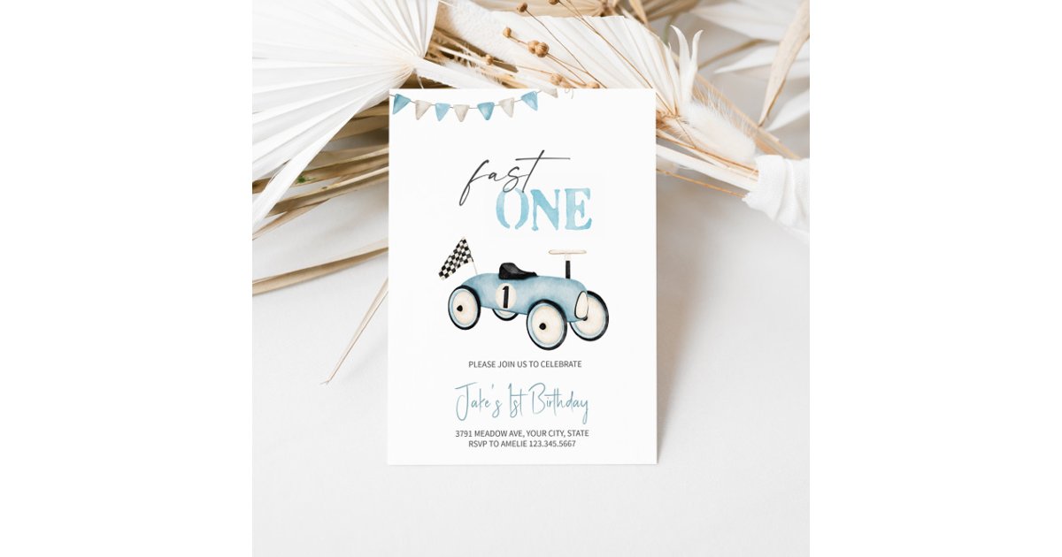 Blue Retro Race Car Ride-On Birthday Invitation | Zazzle