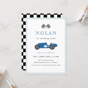 Blue Retro Race Car Theme Birthday Invitation