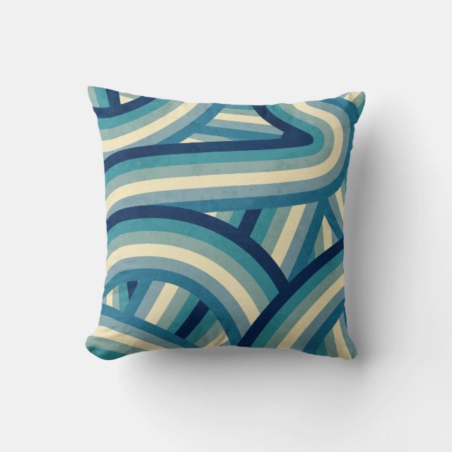 Blue Retro Rainbow Stripes Pattern Throw Pillow (Front)