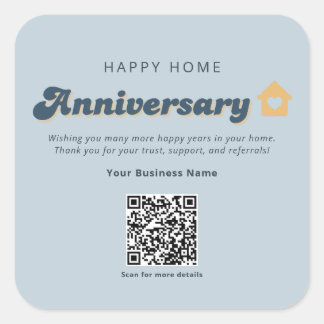 Blue Retro Real Estate Home Anniversary QR Code Square Sticker