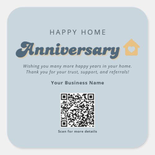 Blue Retro Real Estate Home Anniversary QR Code  Square Sticker