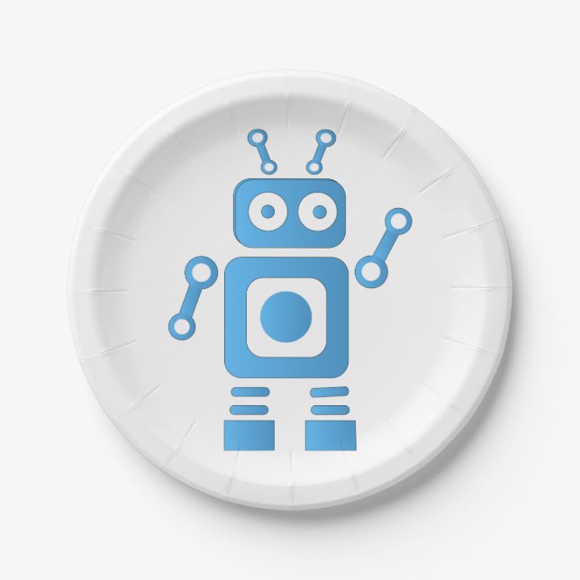 Blue Retro Robot Paper Plates (Front)