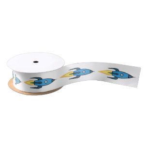Blue Retro Rocket Ship Outer Space Birthday Boy Satin Ribbon