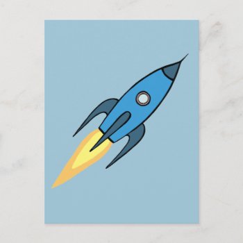 Blue Retro Rocket Ship Outer Space Simple Modern Postcard by Fun_and_Foolishness at Zazzle