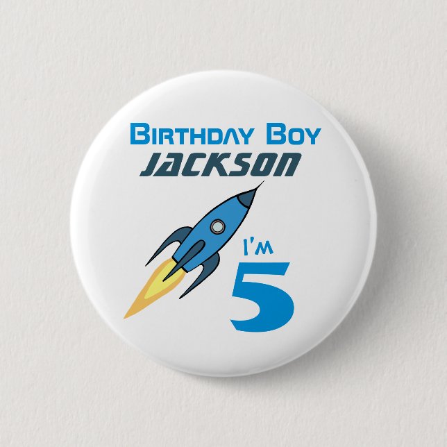 Blue Retro Rocket Ship Personalized Birthday Boy Button (Front)