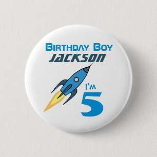 Blue Retro Rocket Ship Personalized Birthday Boy Button