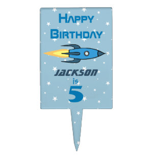 Blue Retro Rocket Ship Personalized Birthday Boy Cake Topper
