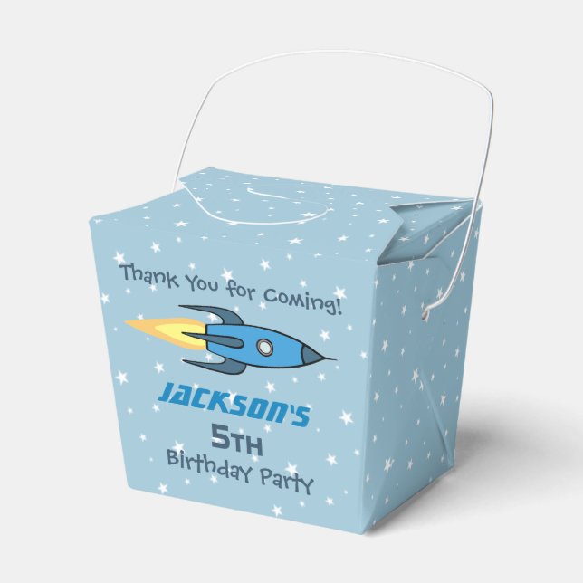 Blue Retro Rocket Ship Personalized Birthday Boy Favor Boxes (Front Side)