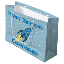 Blue Retro Rocket Ship Personalized Birthday Boy Large Gift Bag