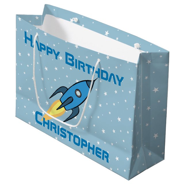 Blue Retro Rocket Ship Personalized Birthday Boy Large Gift Bag (Front Angled)