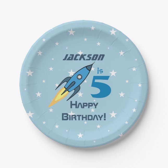 Blue Retro Rocket Ship Personalized Birthday Boy Paper Plates (Front)